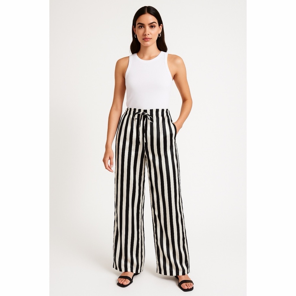 Anthropologie Satin Black White Striped Wide Leg Pants